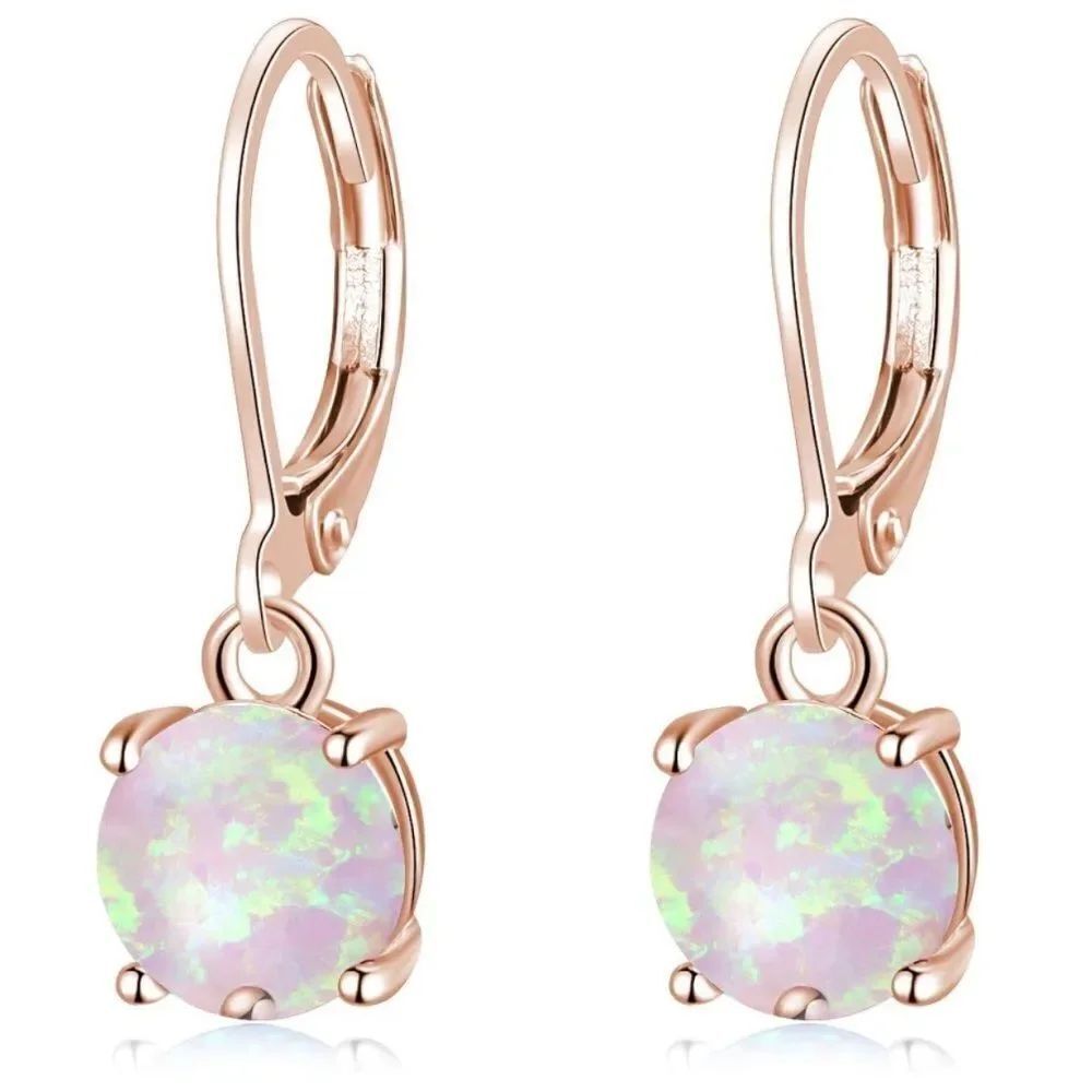 14K Rose Gold with Round Genuine Pink Fire Opal Hoop Leverback Drop Earrings